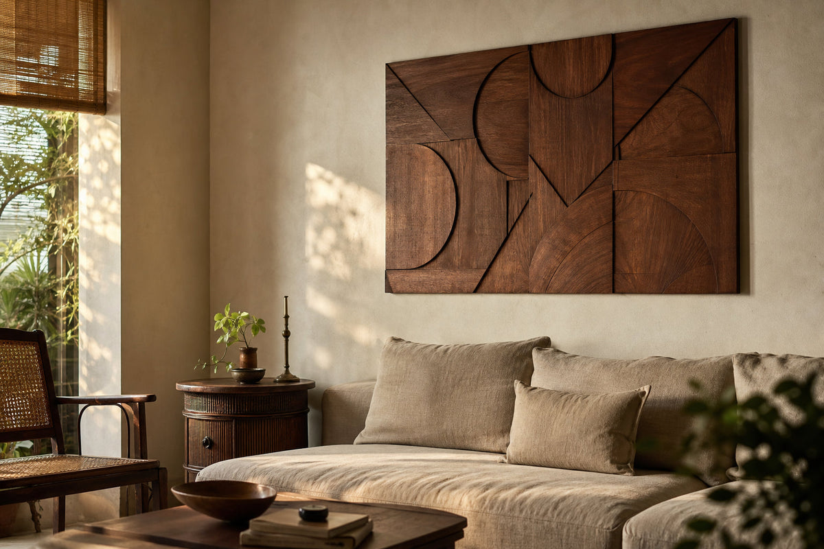 New wooden wall art styled in a warm living room