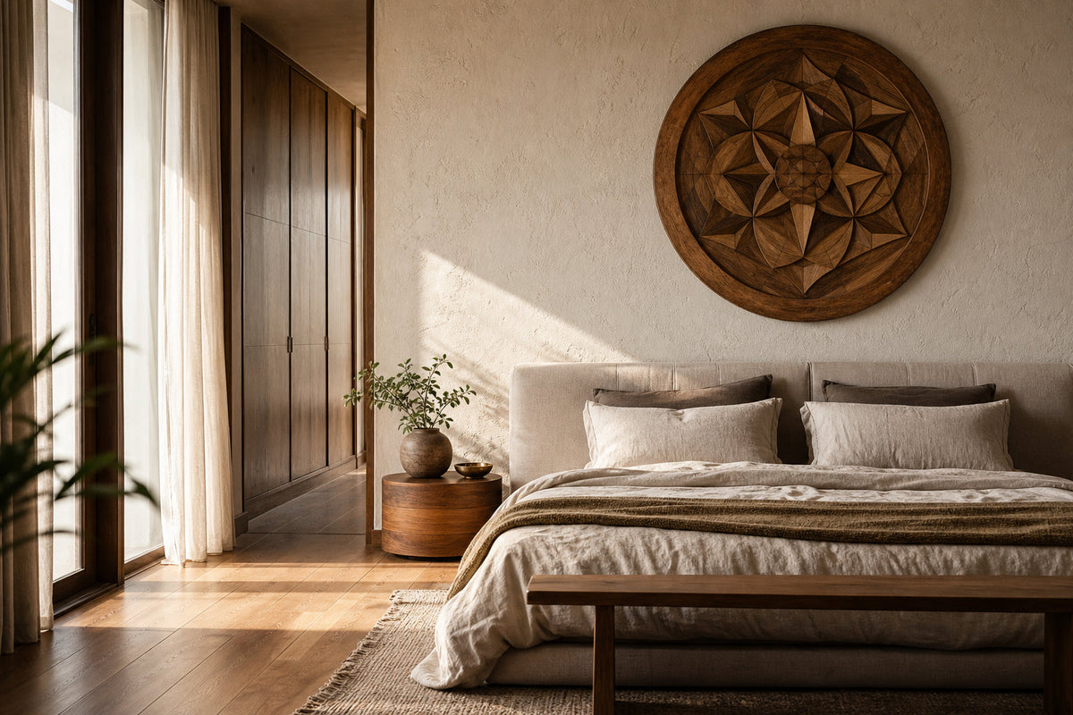 Wooden wall art styled in a warm bedroom