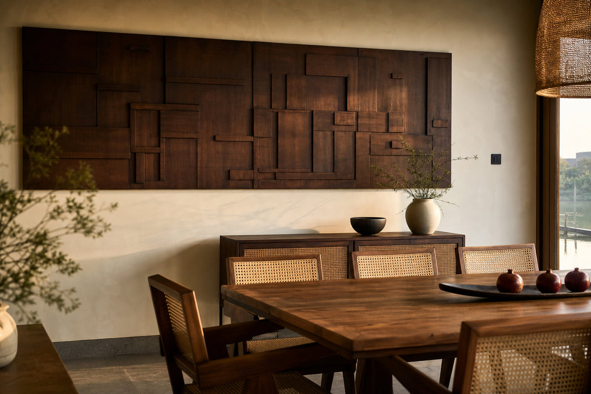 Geometric wooden wall art styled in a dining room