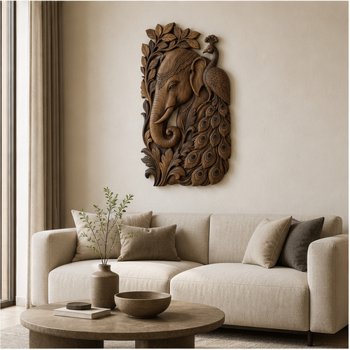 Elephant Peacock Rosewood Wall Art