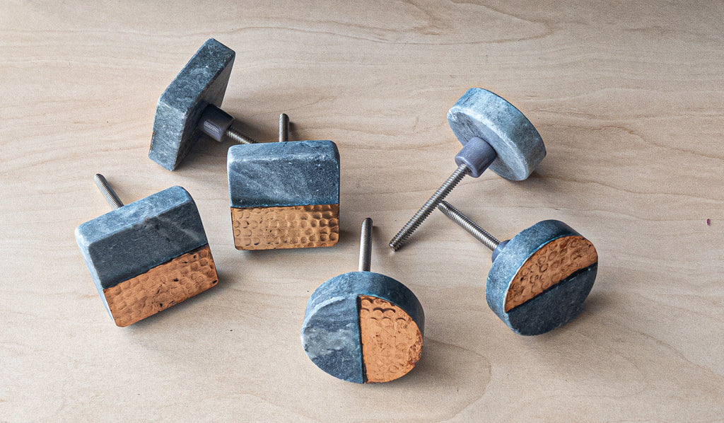 Handmade Brass and Marble Square Drawer Knob  Modern Cabinet Pull