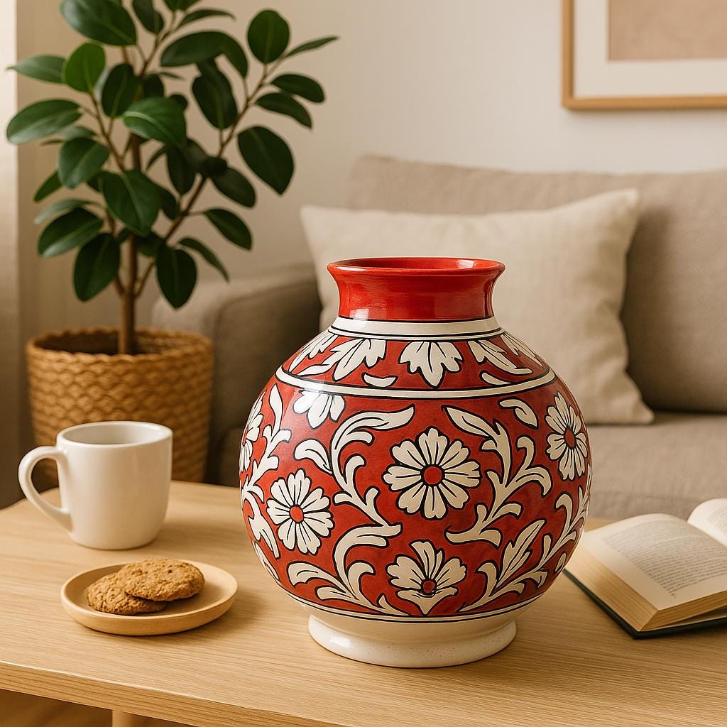 Red Floral Ceramic Vase 8"