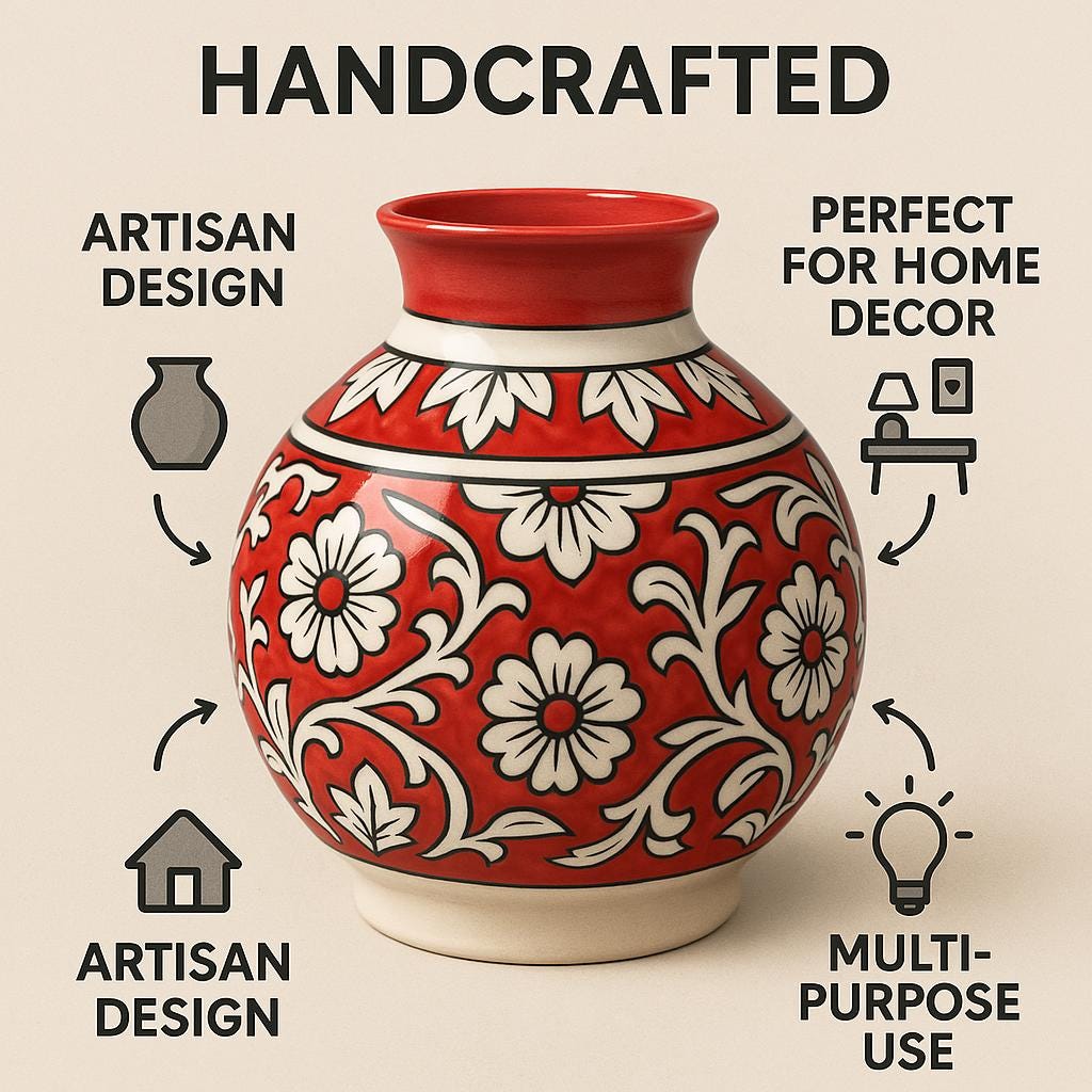 Hand-Painted Red Floral Ceramic Vase  8 Inch Boho Decor