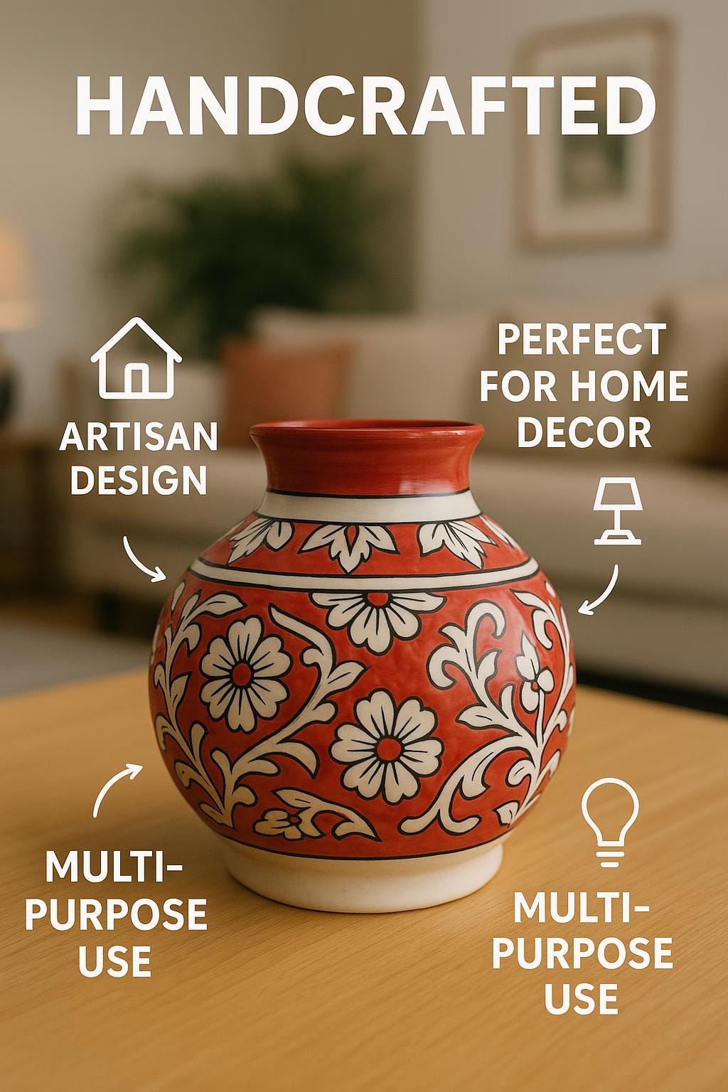 Red Floral Ceramic Vase 8"