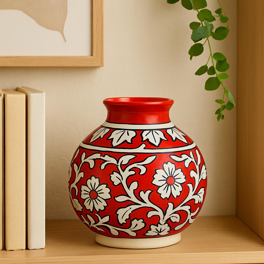 Red Floral Ceramic Vase 8"
