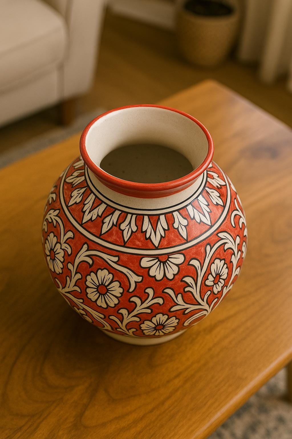 Hand-Painted Red Floral Ceramic Vase  8 Inch Boho Decor