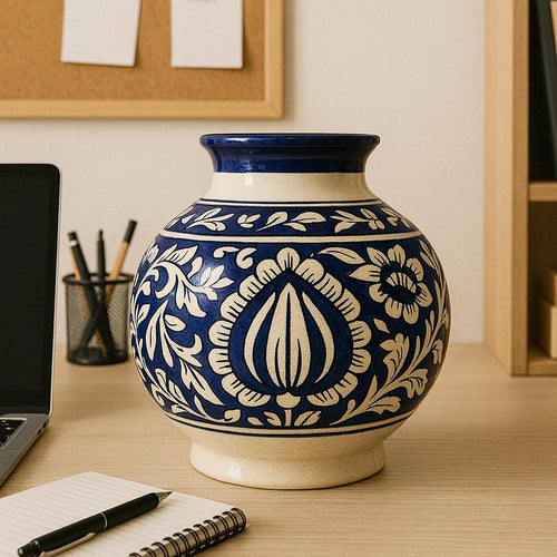Blue white Floral Ceramic Vase  Handmade Pottery for Boho Home Decor