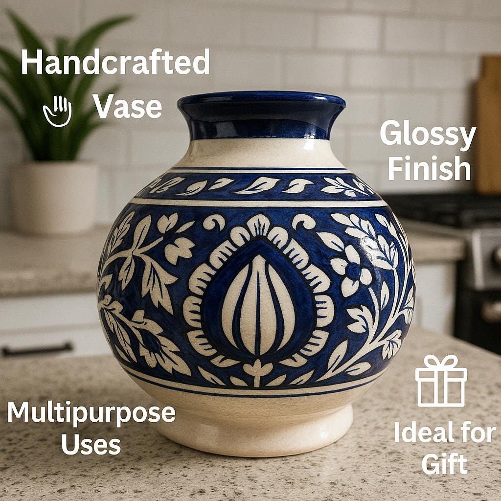 Blue white Floral Ceramic Vase  Handmade Pottery for Boho Home Decor