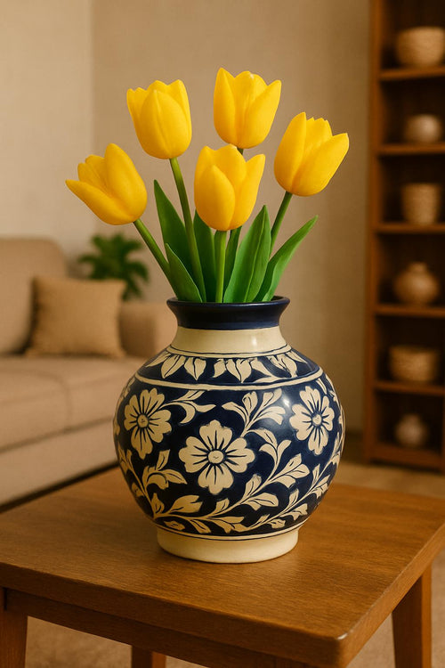 Blue flower 8 inch Ceramic Vase  Handmade Pottery for Home Decor