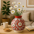 Hand-Painted Red Floral Ceramic Vase  8 Inch Boho Decor