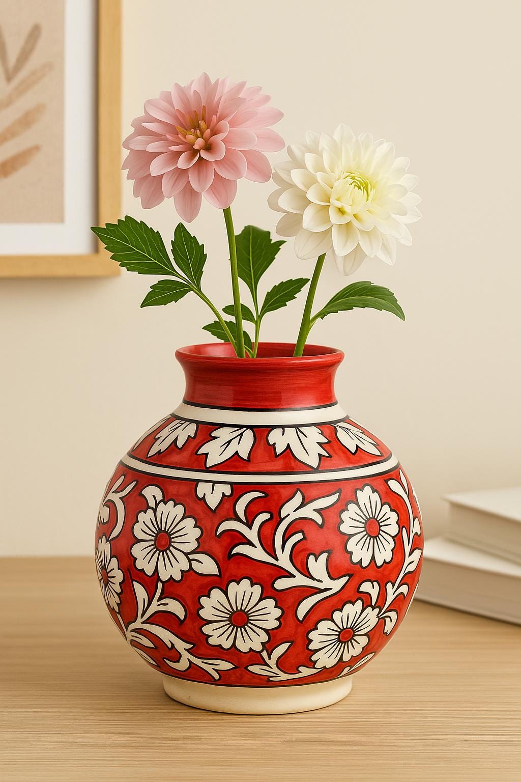 Hand-Painted Red Floral Ceramic Vase  8 Inch Boho Decor