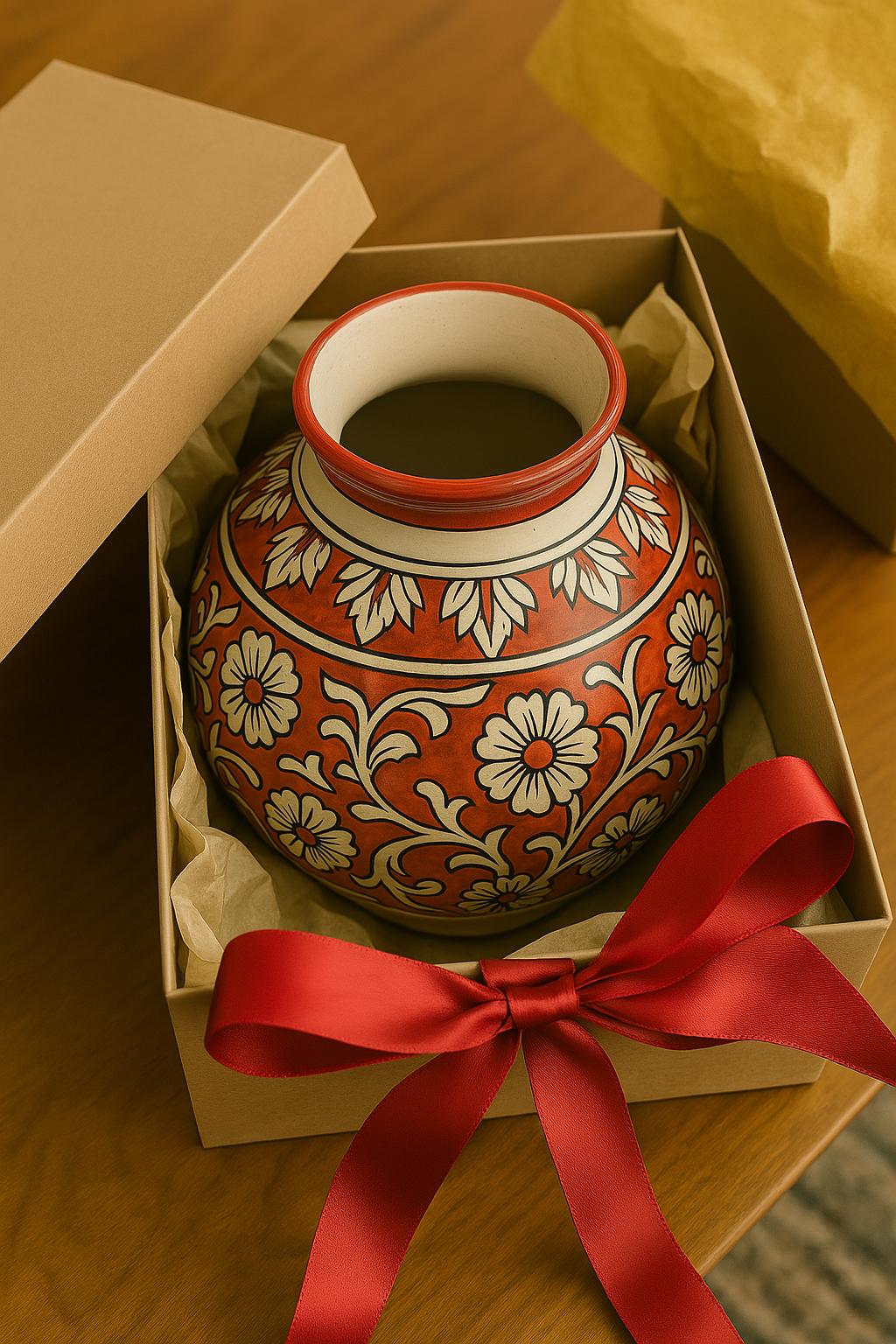 Hand-Painted Red Floral Ceramic Vase  8 Inch Boho Decor
