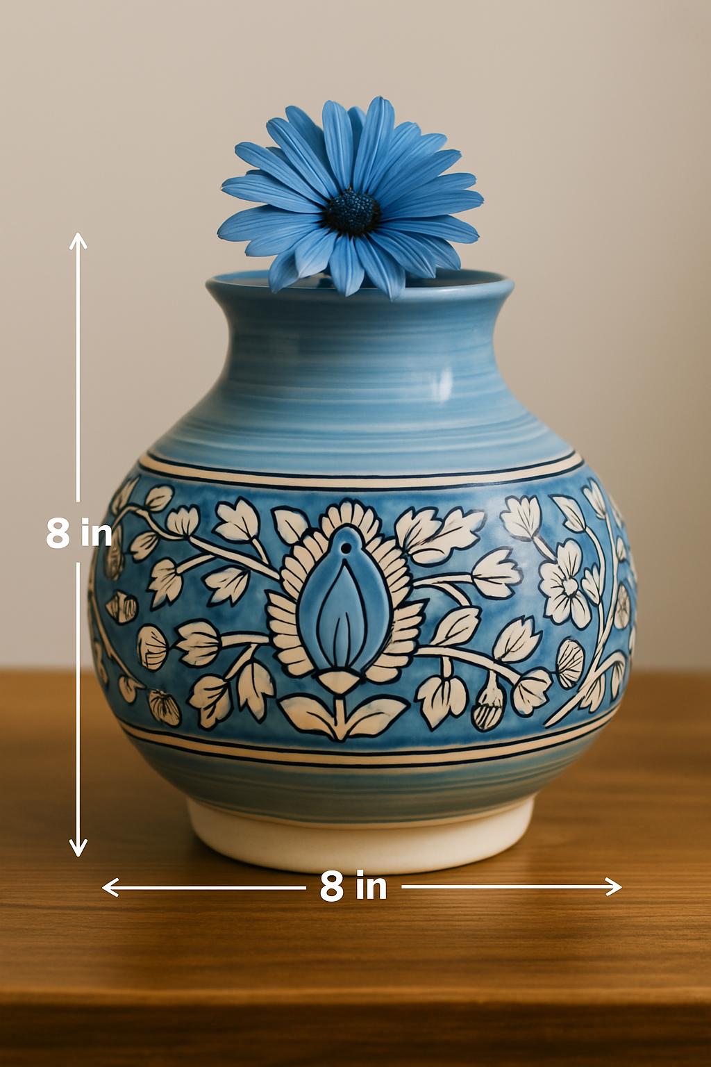 Blue Floral Ceramic Vase  Handmade Pottery for Boho Home Decor
