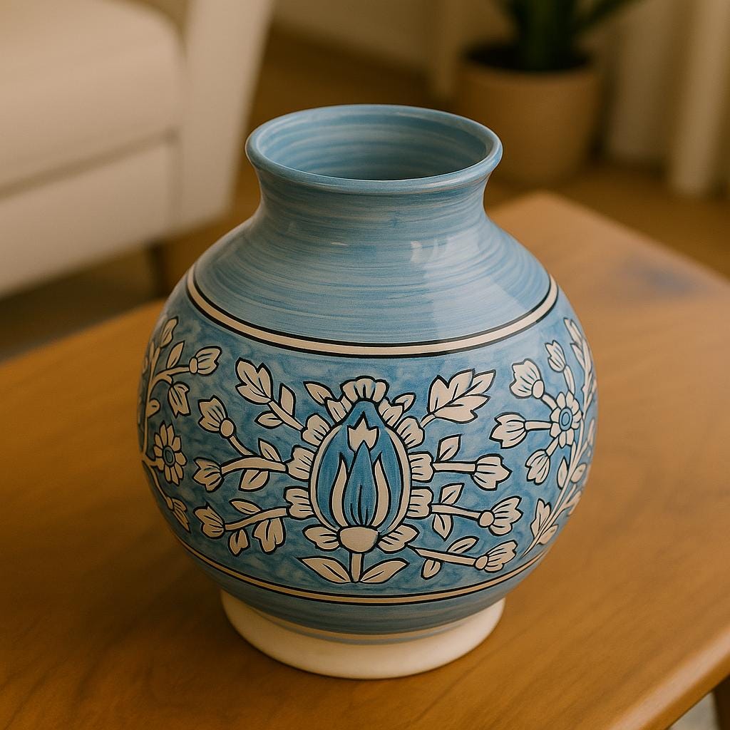 Blue Floral Ceramic Vase  Handmade Pottery for Boho Home Decor