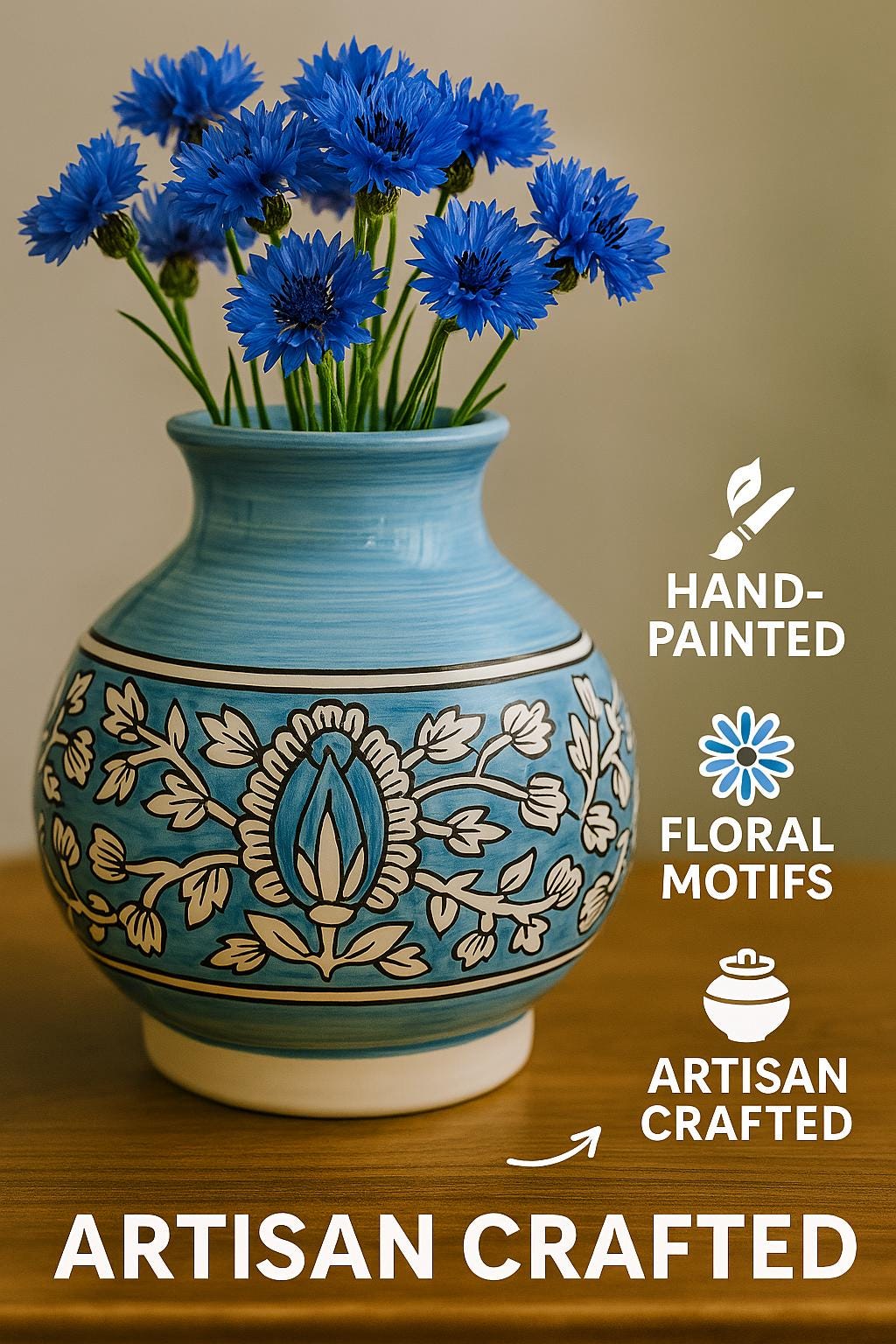 Blue Floral Ceramic Vase  Handmade Pottery for Boho Home Decor