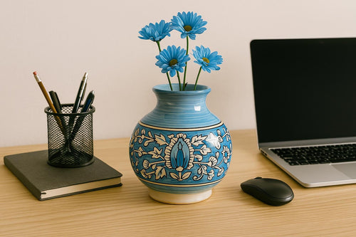 Blue Floral Ceramic Vase  Handmade Pottery for Boho Home Decor