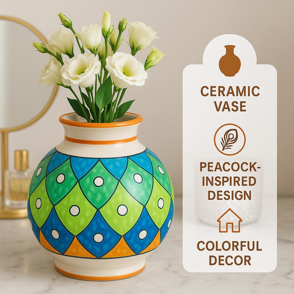 Handcrafted Ceramic Vase: 8 Inch Boho Floral Table Centerpiece