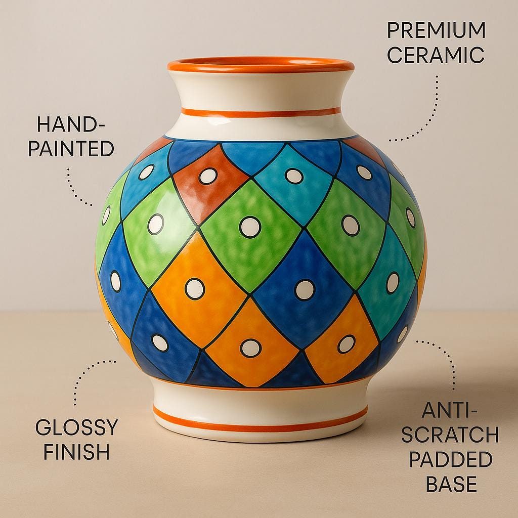 Handcrafted Ceramic Vase: 8 Inch  Table Centerpiece