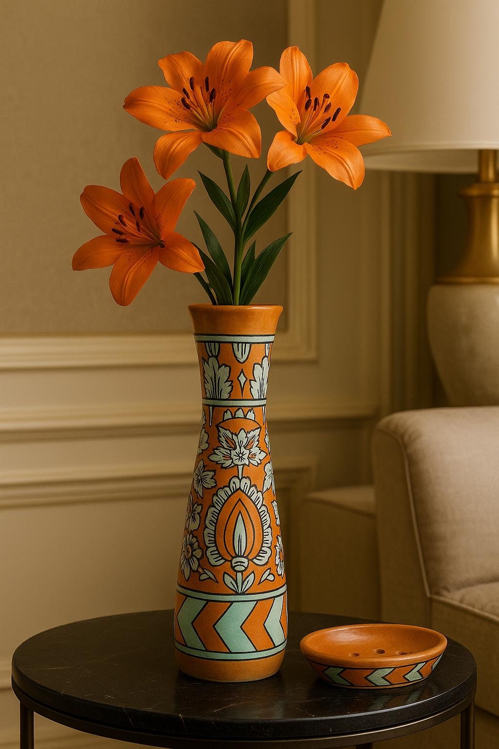 Orange Ceramic Vase 12" - Floral Leaf Design