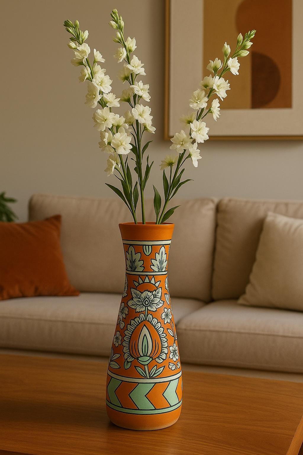 Orange Ceramic Vase 12" - Floral Leaf Design