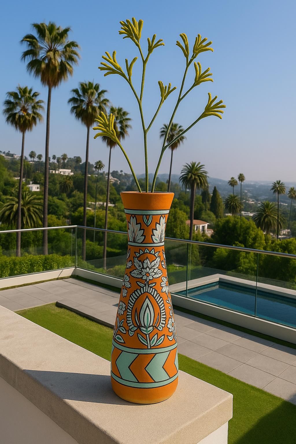 Orange Ceramic Vase 12" - Floral Leaf Design