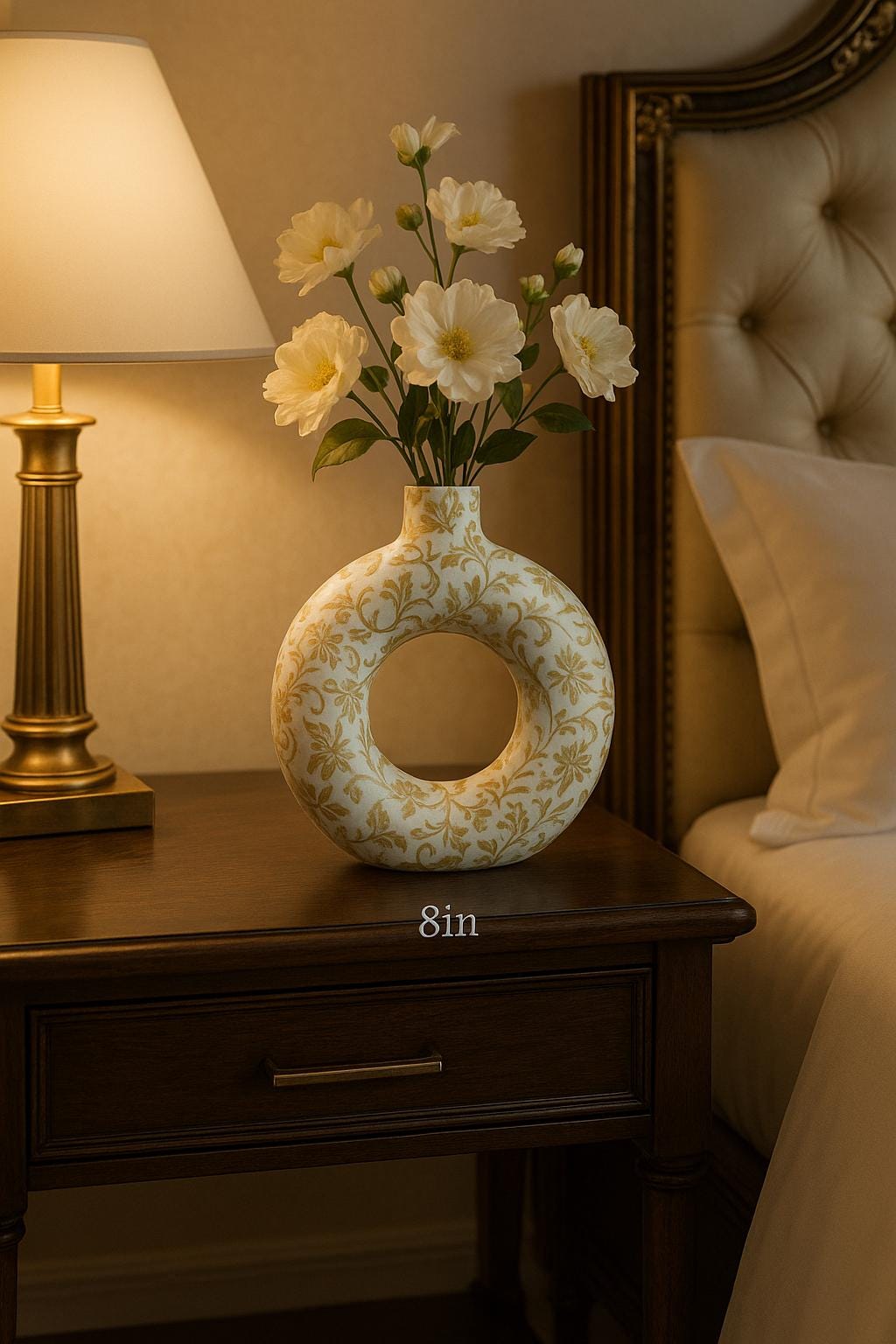 White & Gold Ceramic Donut Vase | Baroque Floral Accent