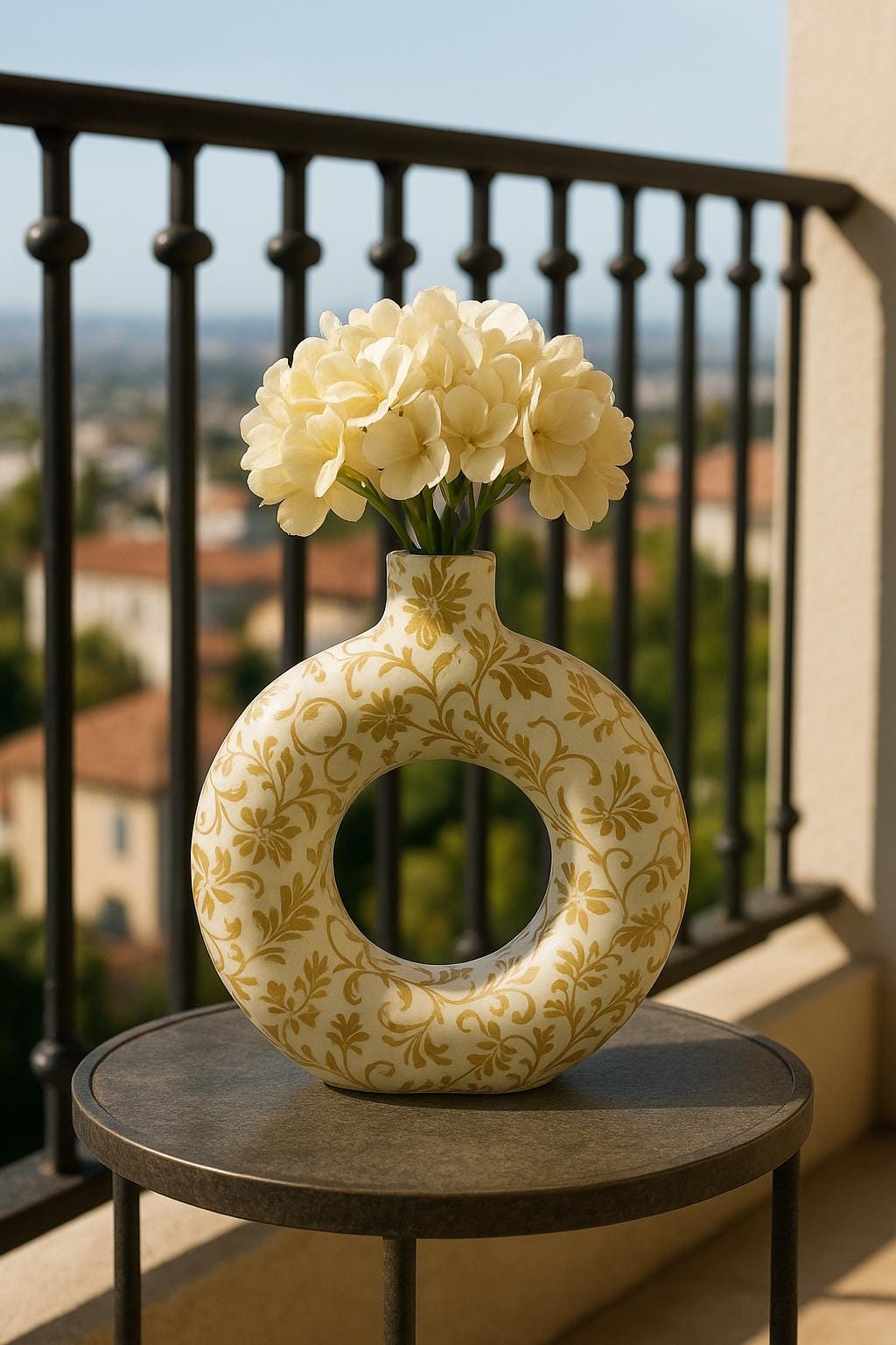 White & Gold Ceramic Donut Vase | Baroque Floral Accent