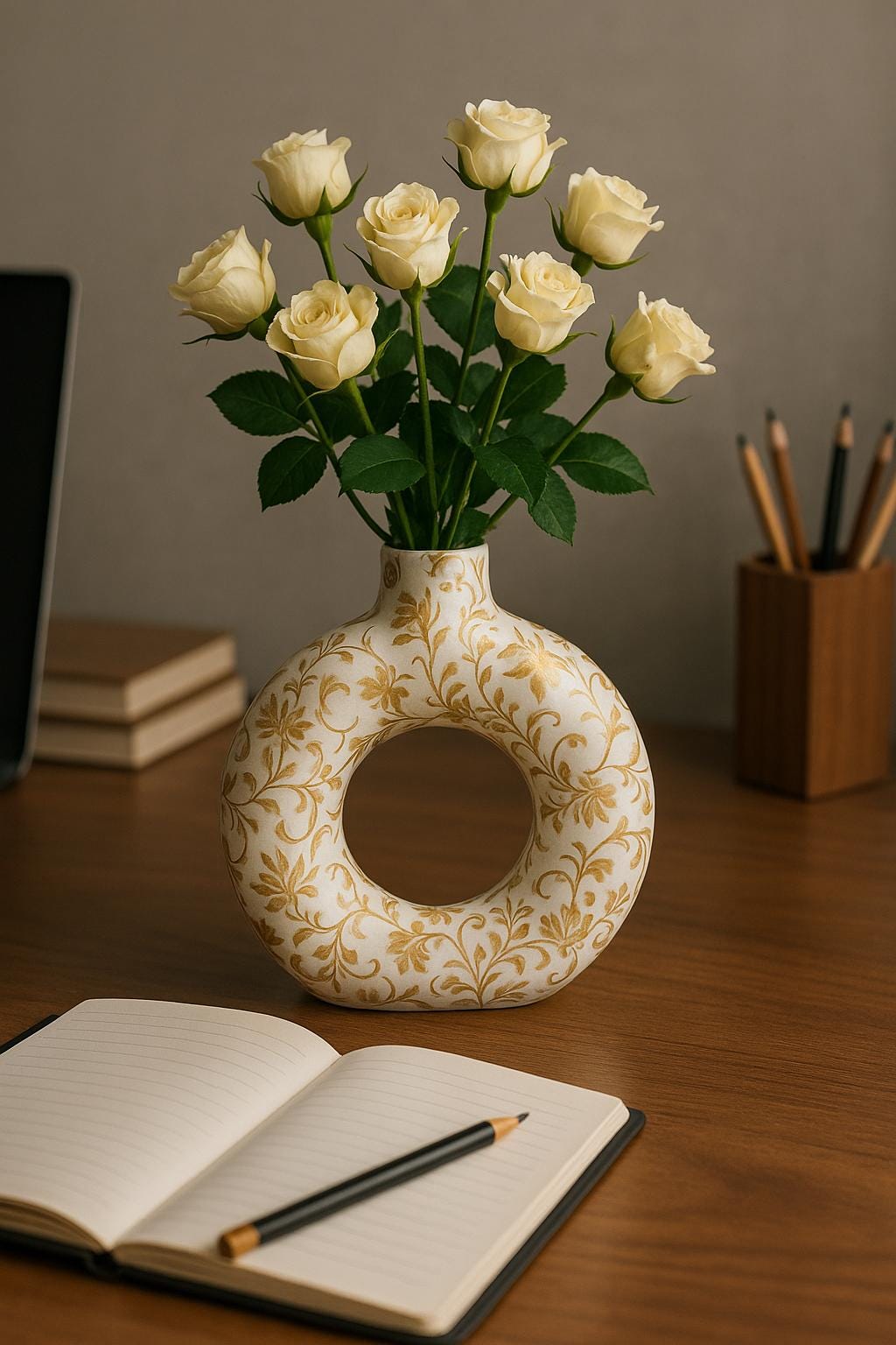 White & Gold Ceramic Donut Vase | Baroque Floral Accent