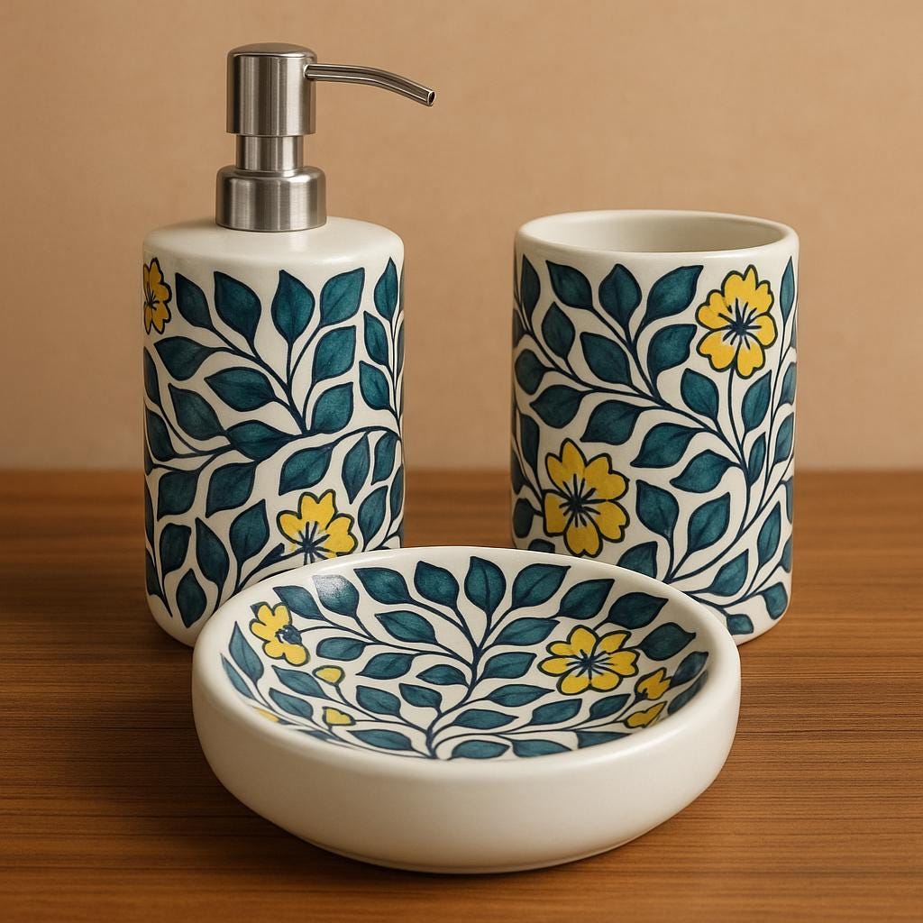 Ceramic Bathroom Set 3 PC - Floral Hand-Painted