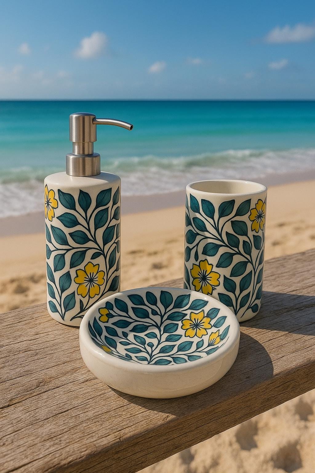 Ceramic Bathroom Set 3 PC - Floral Hand-Painted