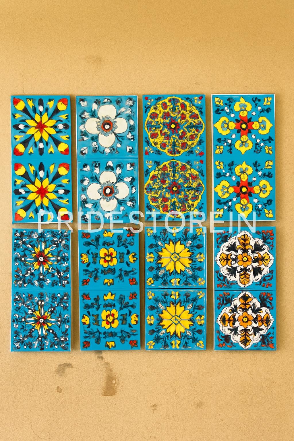 Hand-Painted Ceramic Wall Tiles  Turquoise Floral Mediterranean Decor