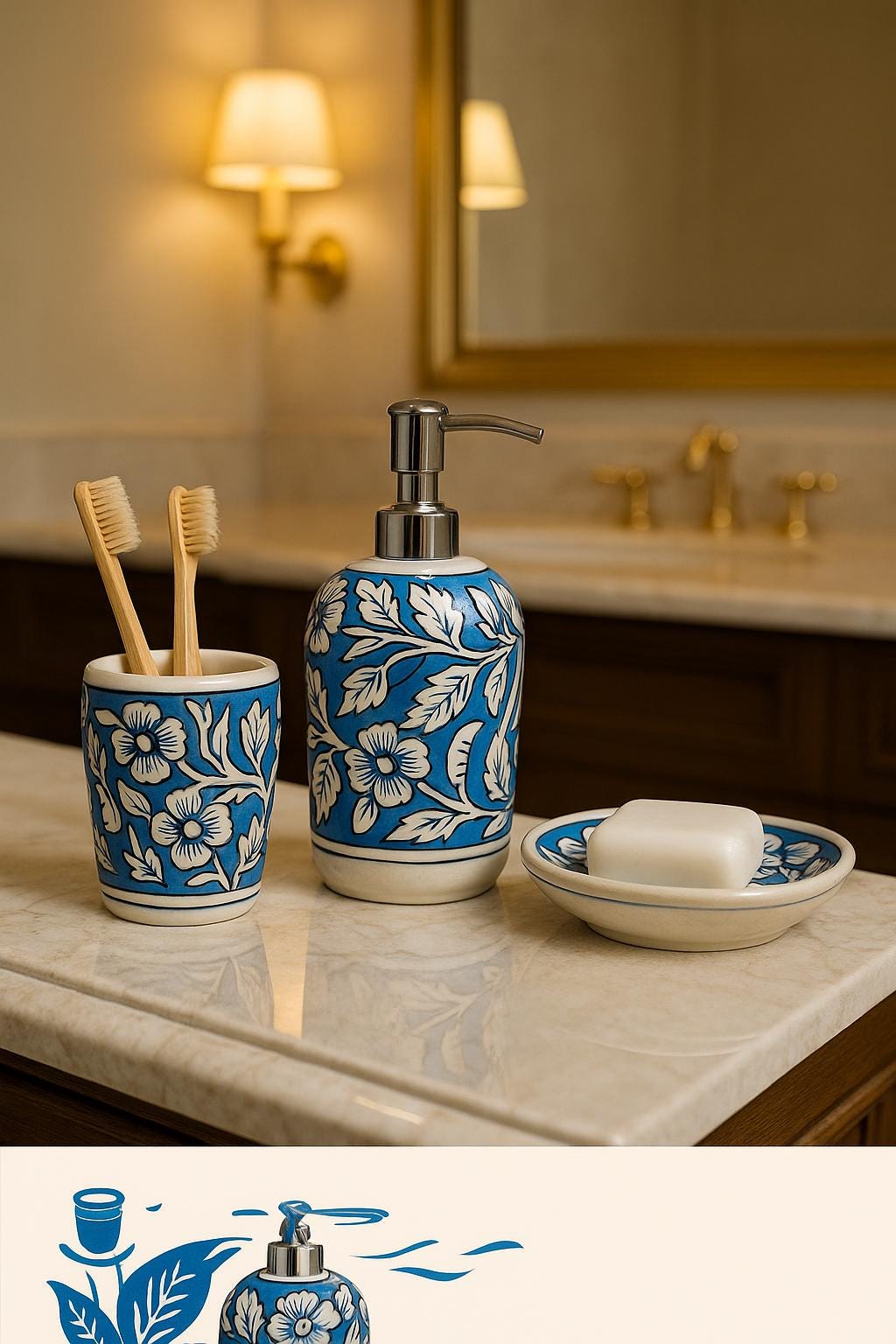 Blue Floral Ceramic Bath Set
