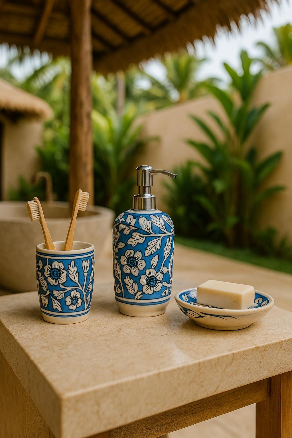 Blue Floral Ceramic Bath Set