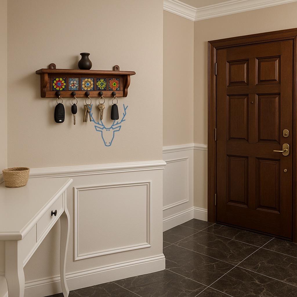 Ceramic Tile Key Rack - Wooden Wall Hook Organizer