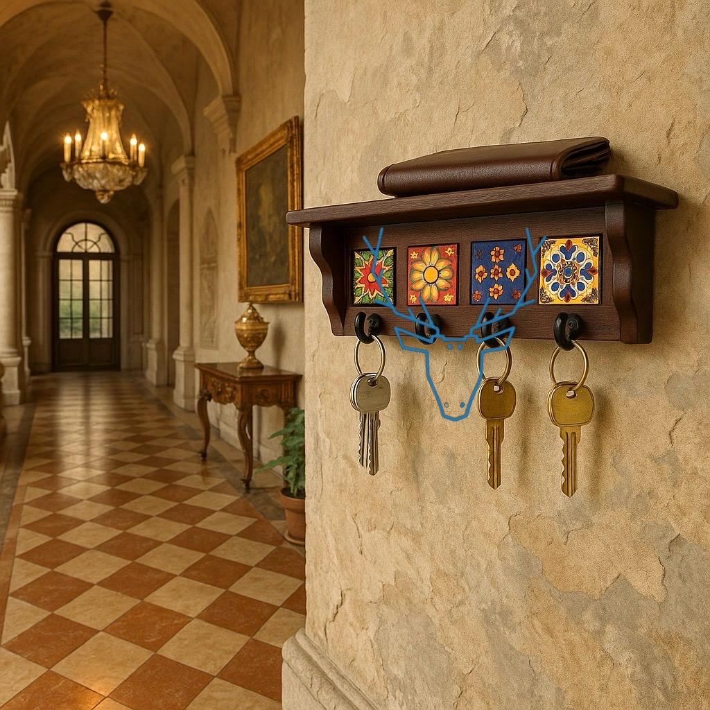 Solid Wood Key Holder - Hand-Painted Tiles