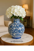 Handmade Blue & White Floral Ceramic Vase - 8 inch Pottery