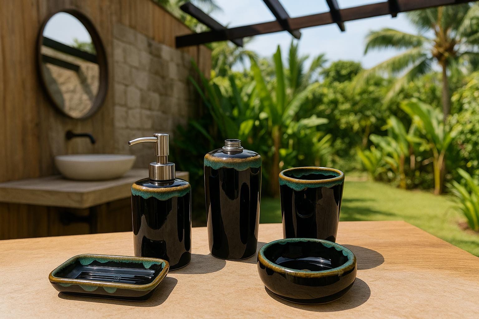 Handmade Black Ceramic Bathroom Set  Teal Amber Glaze, Modern Vanity