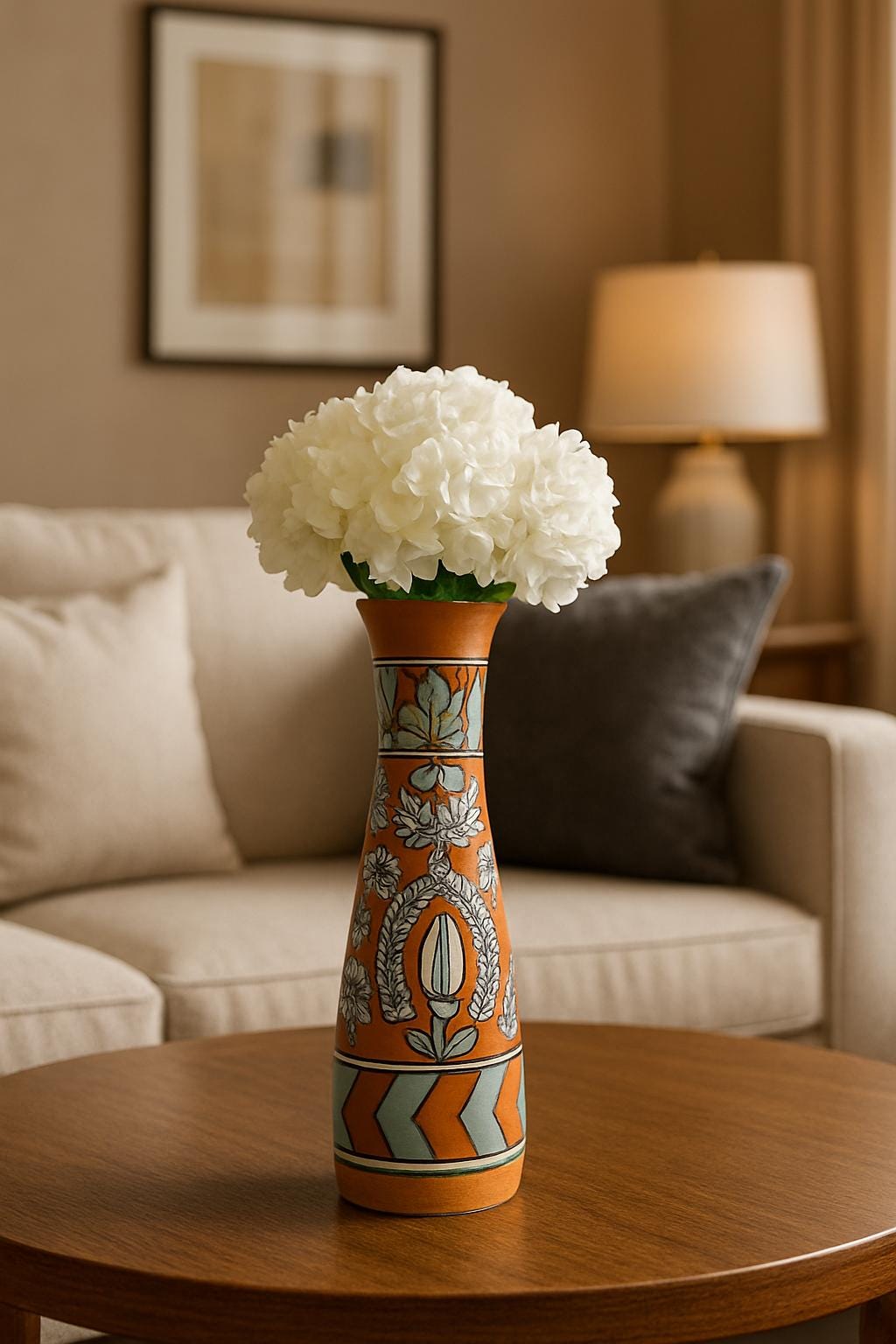 Orange Ceramic Vase 12" - Floral Leaf Design