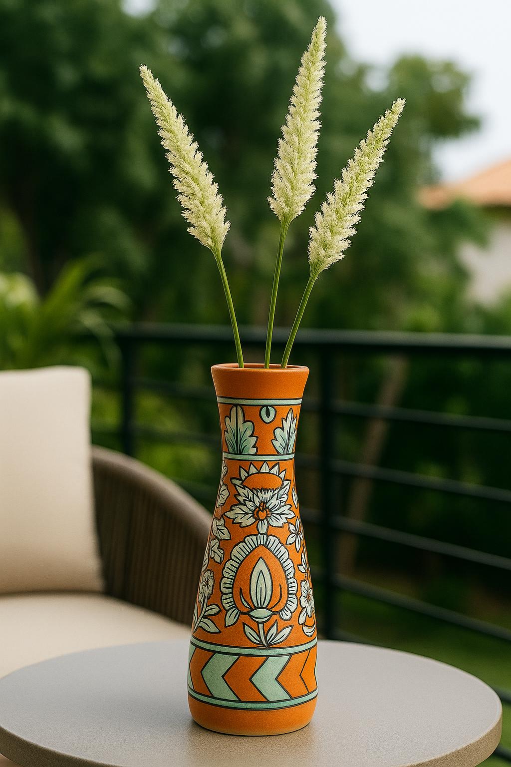 Orange Ceramic Vase 12" - Floral Leaf Design