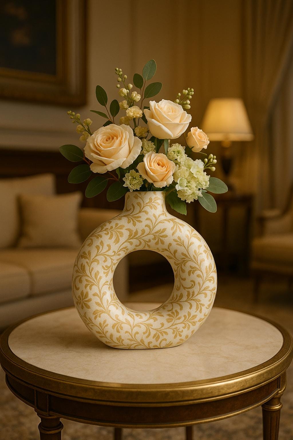 White & Gold Ceramic Donut Vase | Baroque Floral Accent