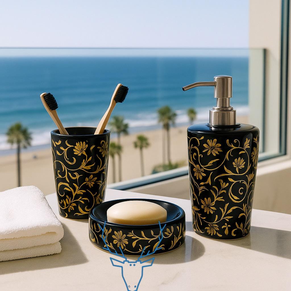 Black & Gold Bathroom Set - 3 Piece Ceramic
