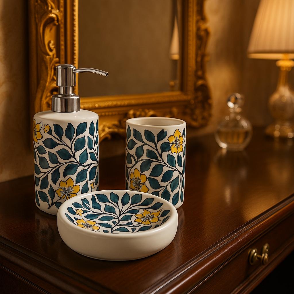 Ceramic Bathroom Set 3 PC - Floral Hand-Painted