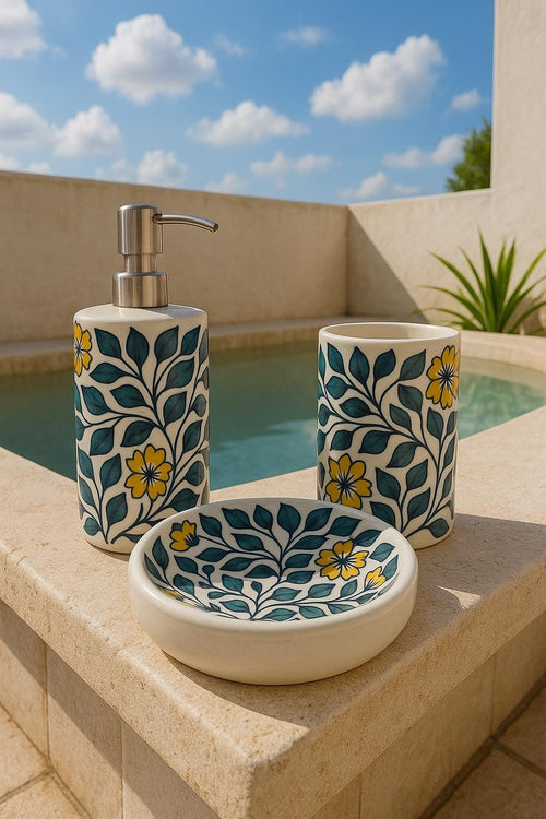 Ceramic Bathroom Set 3 PC - Floral Hand-Painted