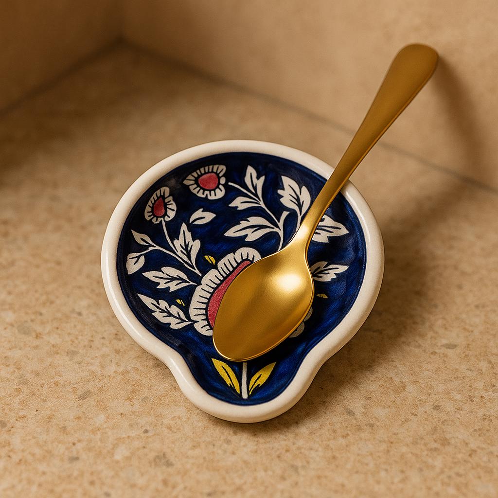 Floral Blue Ceramic Spoon Rest