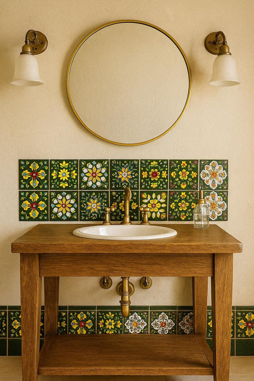 Assorted  Talavera Green Ceramic Tiles - 4x4 Inch Hand Painted Floral Wall Decor Mosiac