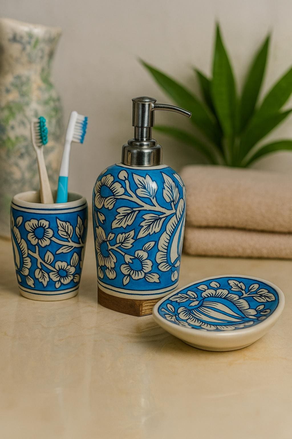 Blue Floral Ceramic Bath Set