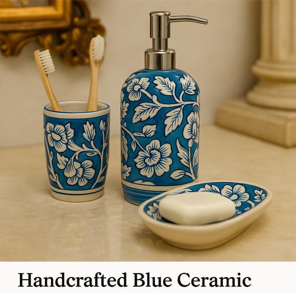 Blue Floral Ceramic Bath Set