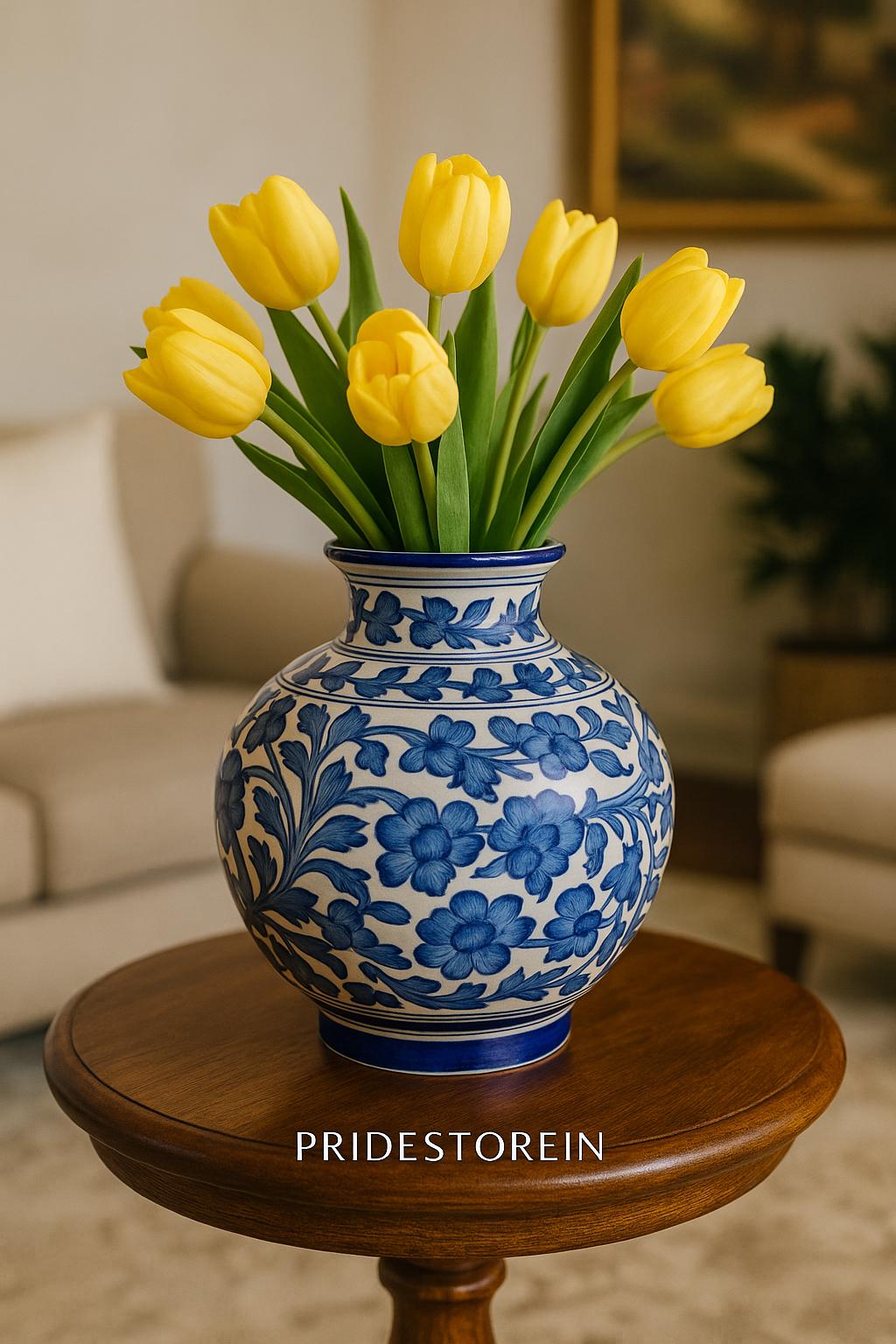 Elegant Blue Floral Vase 8"