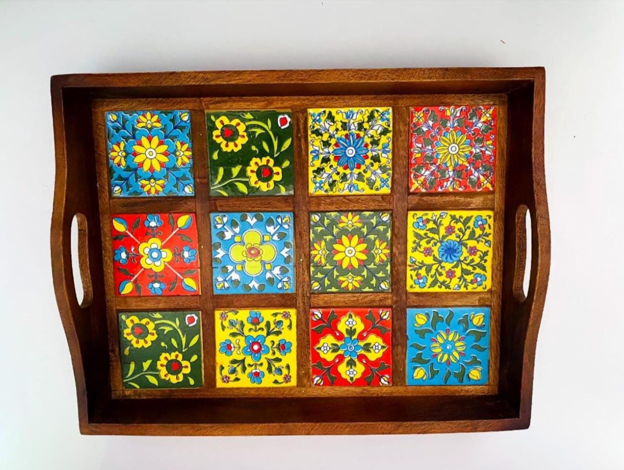 Boho Floral Wood Serving Tray