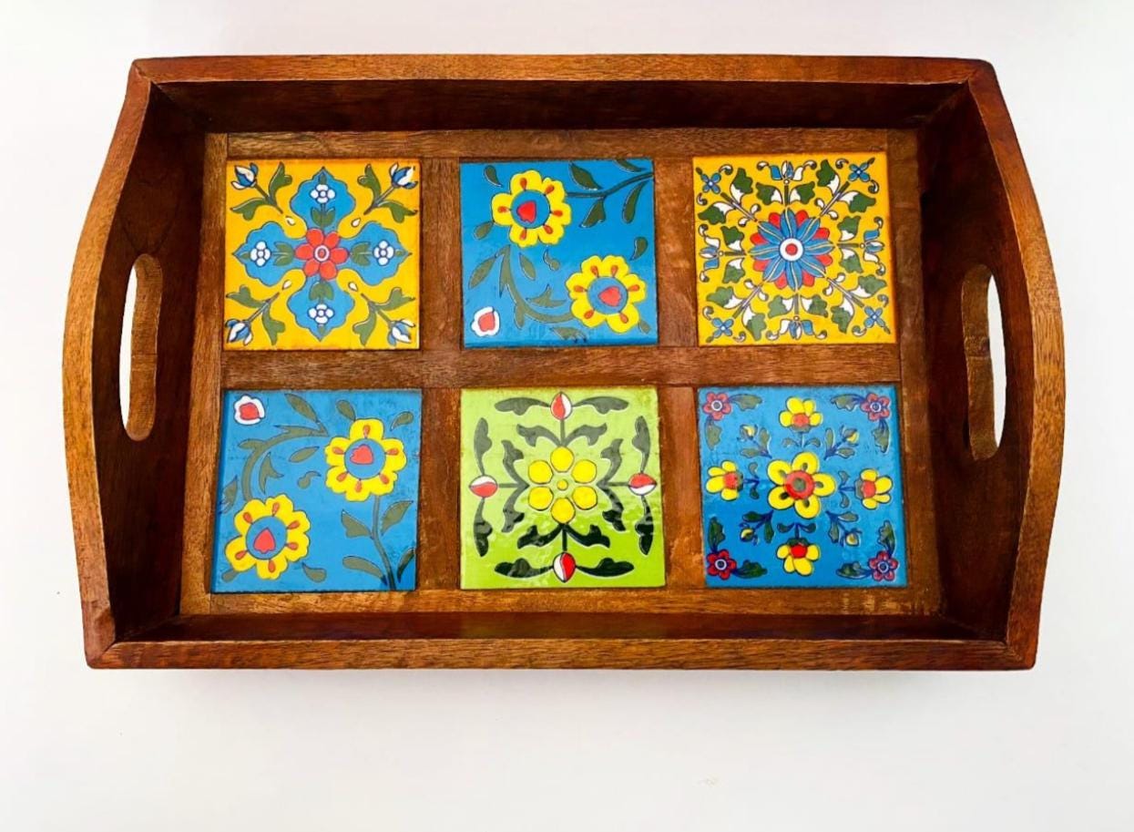 Wooden Serving Tray with Ceramic Tiles
